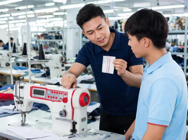 Operator training on industrial sewing machine